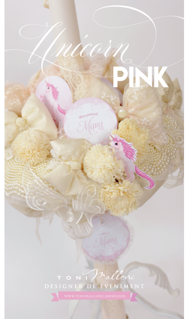 Lumanare de botez pentru fetite cu unicorni, perle si dantele, Pink Lady Unicorn 3